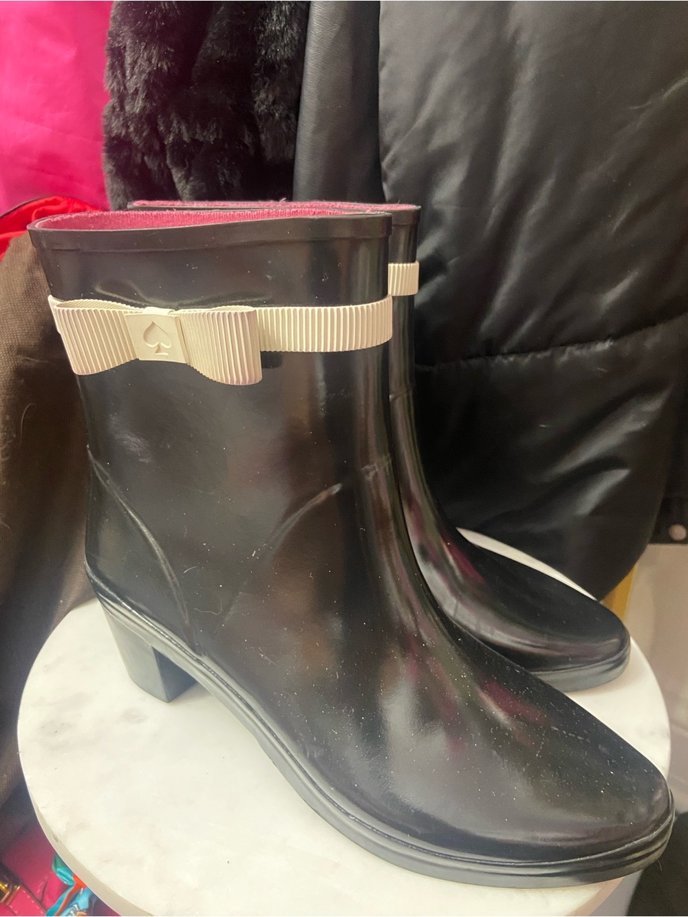 Kate Spade Black Rain Ankle Boots with Bow Accent